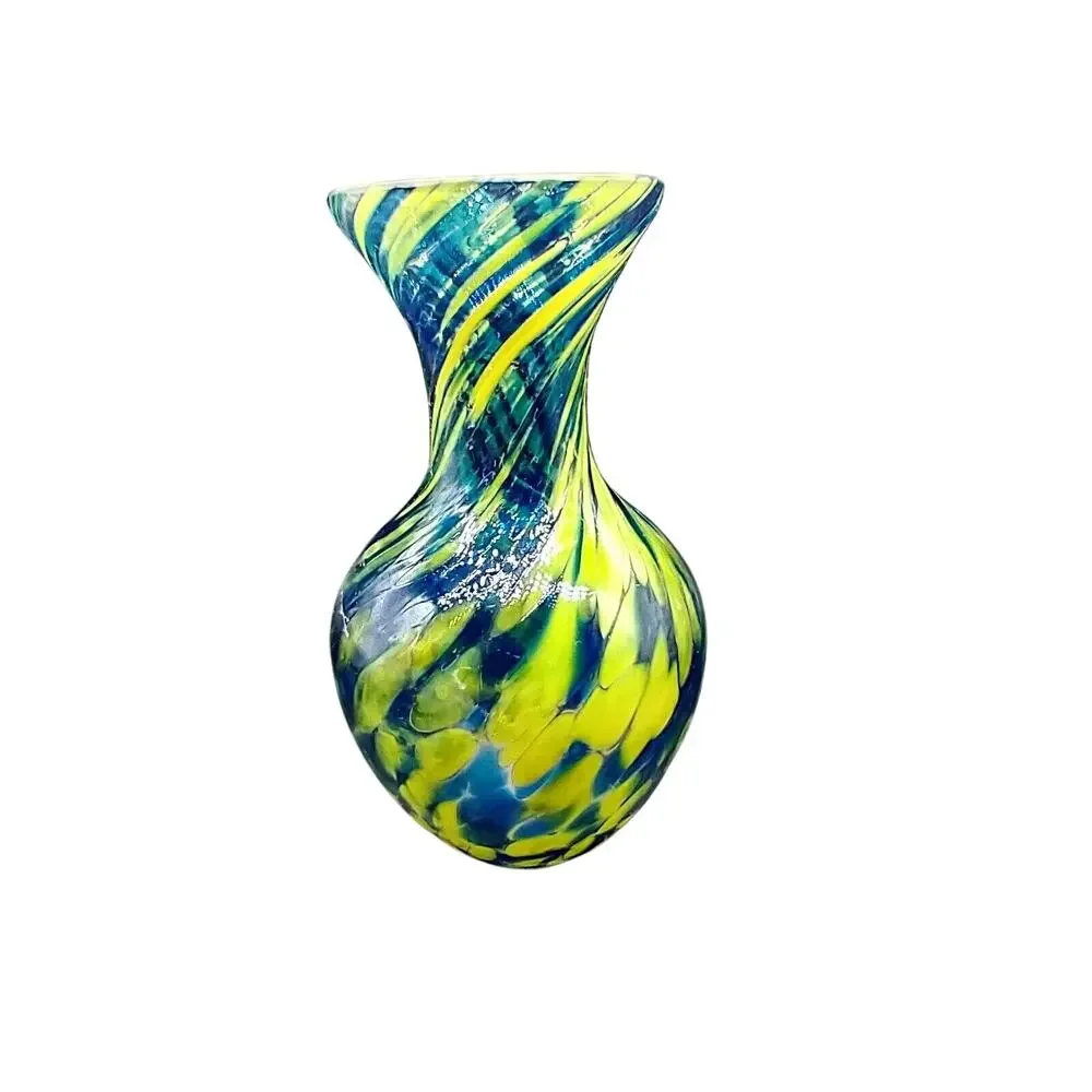 Czech Crystal Vase 5” Royal Limited Mouth Blown Confetti Swirl Blue Yellow